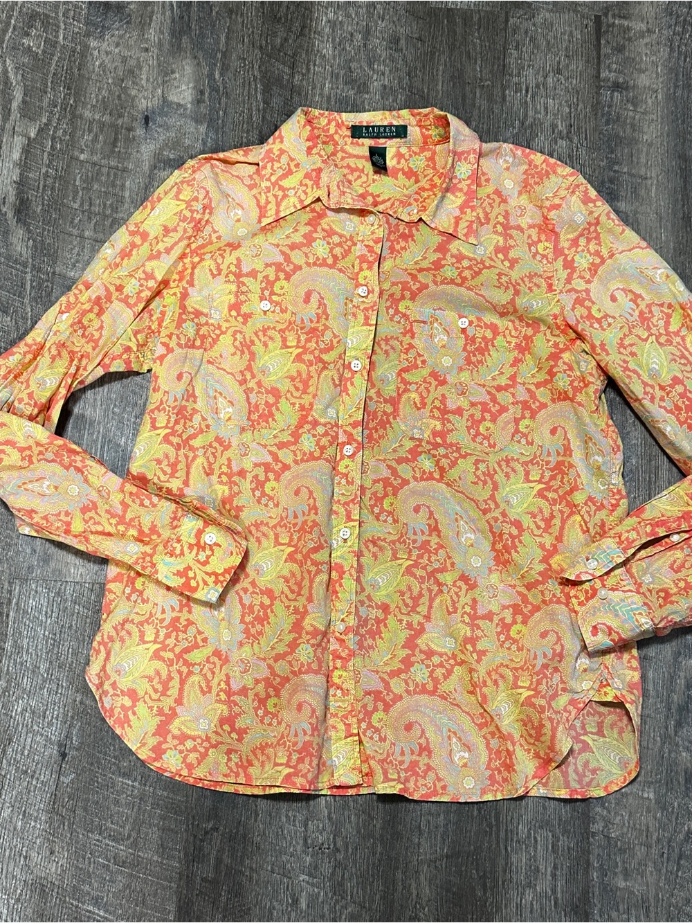 Lauren Ralph Lauren Womens Shirt Sz L Orange Paisley Button Up L/S 100% Cotton
